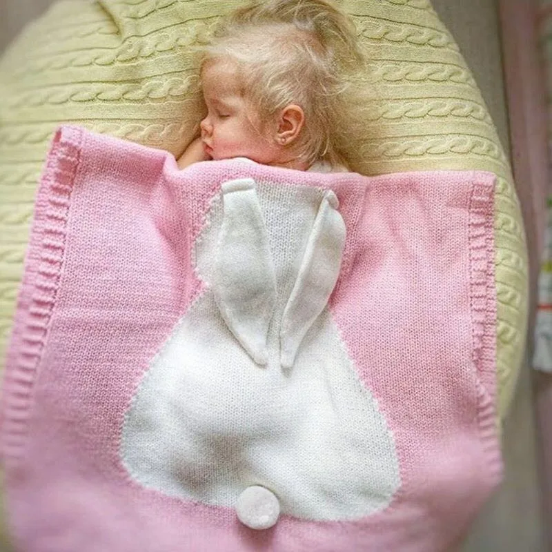 Детское одеяло с кроликом, вязаное пеленание для кровати, дивана, вязаное банное полотенце для новорожденного, игровой коврик, постельные принадлежности, накидка для малыша, конверт 105*75 - Цвет: Pink