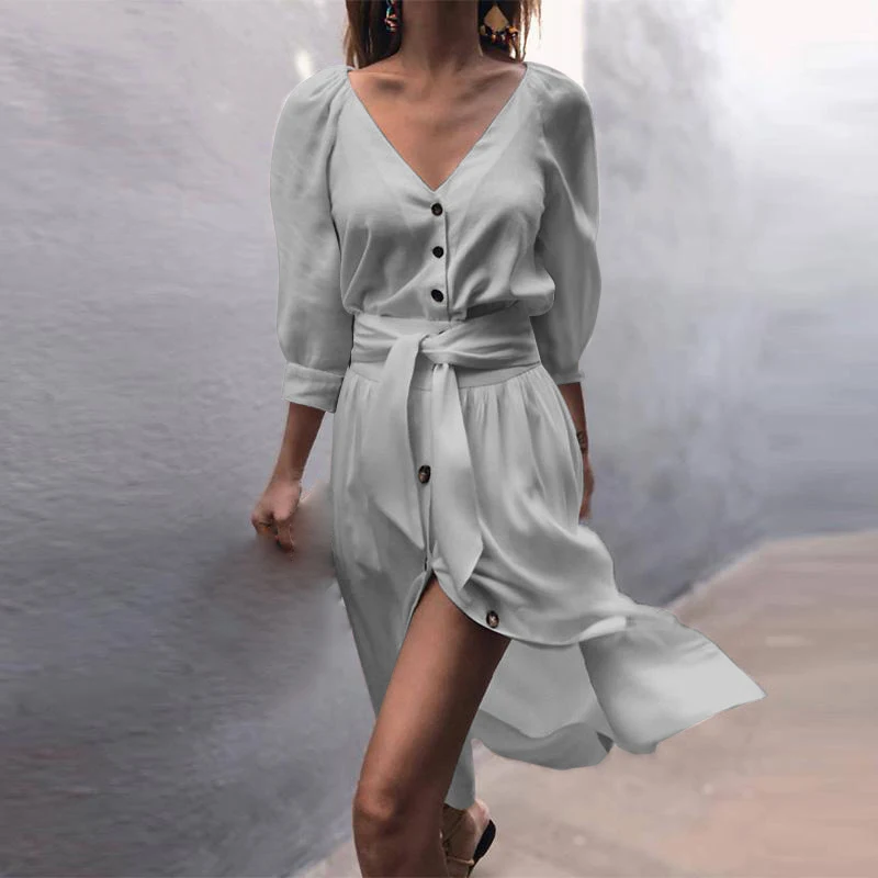 

Lucyever Women dress deep v-neck autumn winter midi dress chiffon elegant belt dresses woman party night beach holiday vestidos
