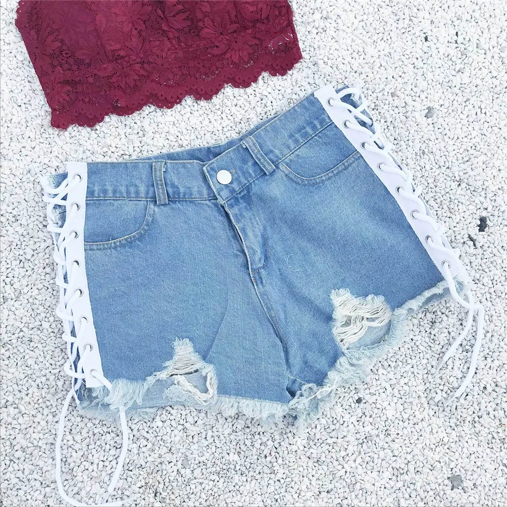 Для женщин пикантные Высокая Талия джинсовые летние джинсовые шорты отверстия бинты Мини Горячая Street Wear сетки рваные Панк-Рок байкерские