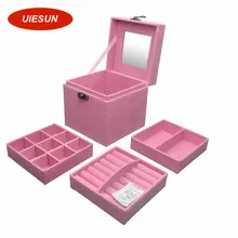Drei Schichten Frauen Geschenk Schmuckschatulle Reise Make-Up Veranstalter Wildleder Stoff Fall mit Spiegel und Schloss Schmuck Organizer UIE389
