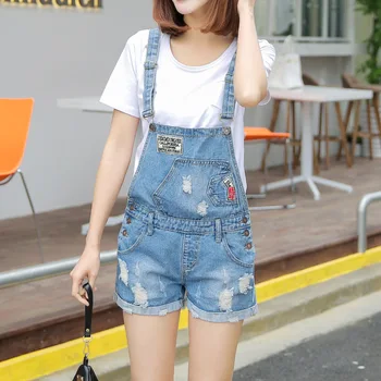 

Nonis Women Jumpsuit Cute Sweet Washed Jeans Girl Holes Slim Denim Romper Jumpsuits Straps Short Pants Bib Blue