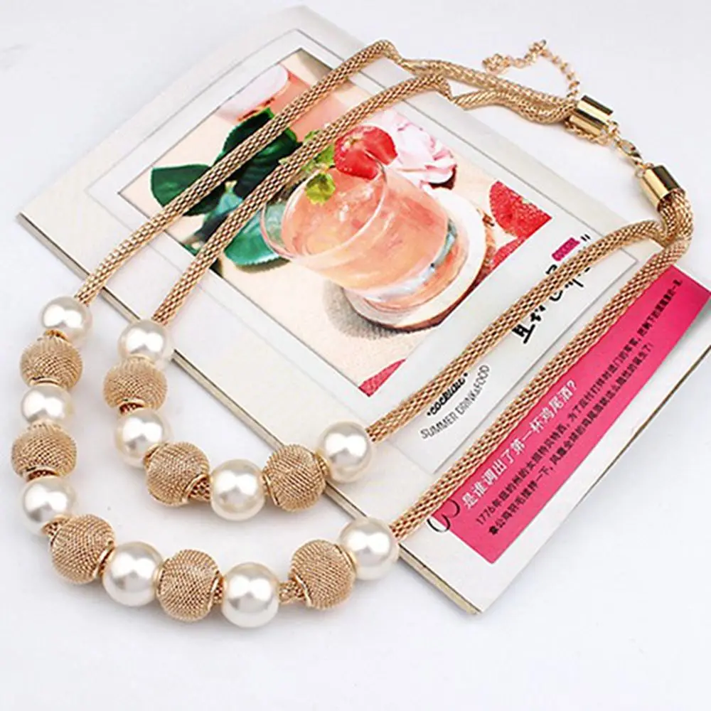 

1Pc Faux Pearl Ball Charms Necklace Fashion Personalized Jewelry Women Double Layers Mesh Chain Round Accessories Girlfriend