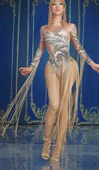 

High Elastic Crystals Tassel Bar Show Female DJ DS Costume Dance Jumpsuit