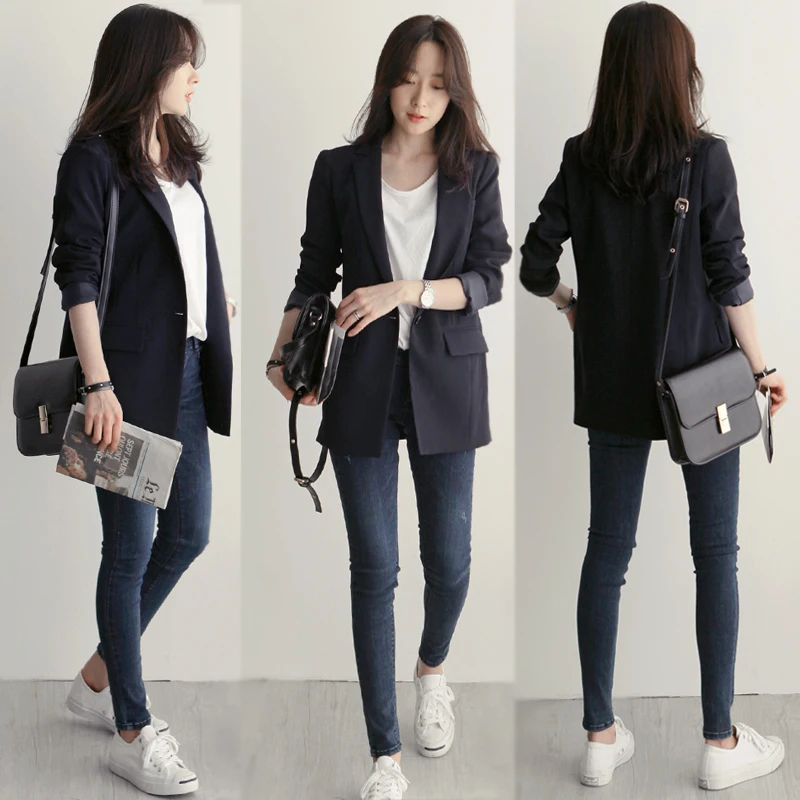 

2019 Spring And Autumn New Simple Suit Formal Coat Sweet Slim Casual Office Lady With Pockets Plus Size Women Suit Blazers