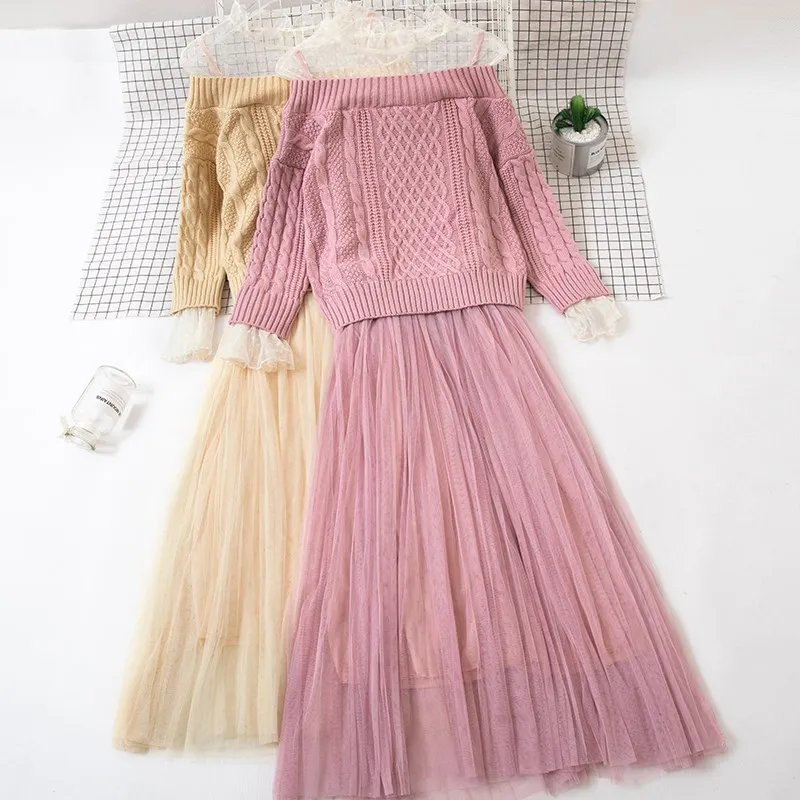 

2018 New Women Knitted Two Piece Set Flare Sleeve Autumn Slash Neck Long Sleeve Knit Sweater And Straps Mesh Dress Casual Suits