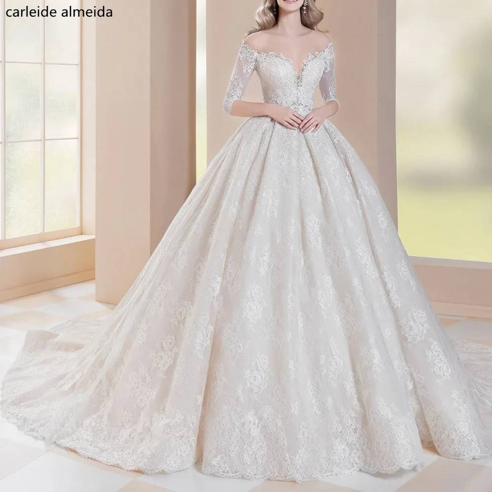

Princess Luxury Lace Wedding Dresses 2019 with Half Sleeves Royal Tail Bride Dress Bead Waist Robe de mariee