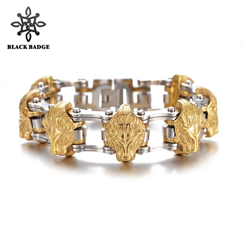 

BLACK BADGE Men's Wolf head Bracelet Stainless Steel Bracelets 2019 Gold Color Chain Link Men Hip Hop Rock Jewelry Gift