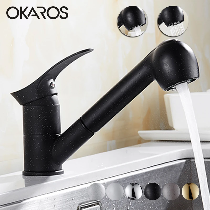 OKARO Kitchen Faucet Pull Out Double Sprayer Basin Faucet Chrome Black with Dot Faucet Water Tap Mixer grifo de la cocina
