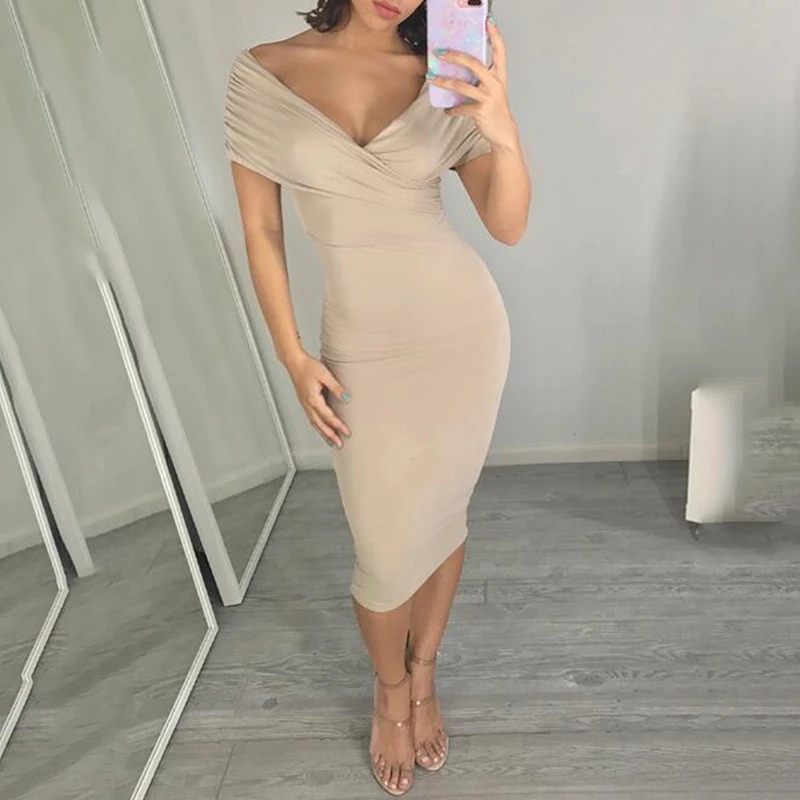 Womens Sexy Deep V-Neck Short Sleeve Bodycon Club Party Dress Fashion Solid Sheath High Waist Slim Women Ladies KH841494 |