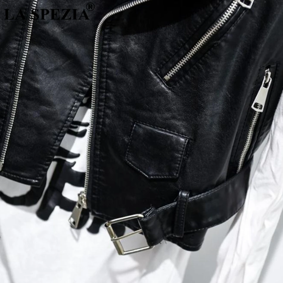 LA SPEZIA Biker Waistcoats Women Motorcycle Rock Zippers Vest Black Ladies Belt Punk Leather Pockets Autumn Sleeveless Jackets