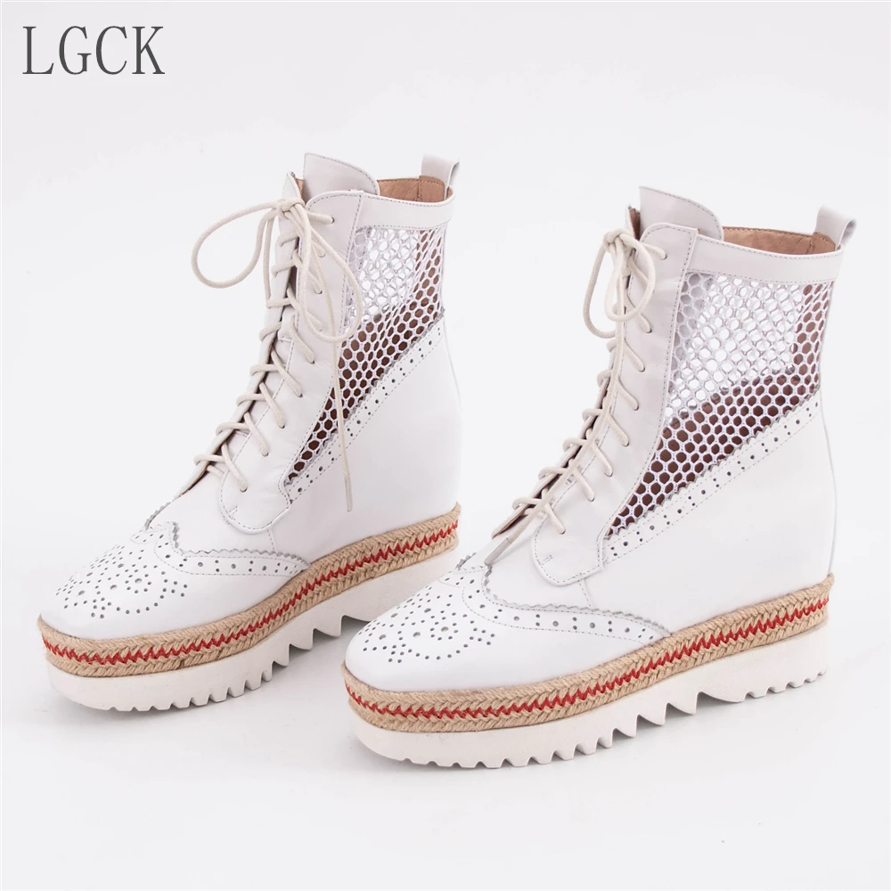 

Plus Size 34-43 Genuine Leather Women Sandals Ankle Boots Woman Mesh Sandalias Hollow Platform Wedges Cool Boots Fashion Lace Up
