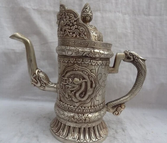 

JP S0114 10" Chinese Silver Dragon Head Flagon Statue Bronze Tibet Flower Teapot Wine Pot