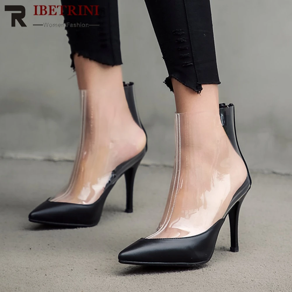

RIBETRINI Fashion Transparent Genuine Cow Leather Ankle Boots Woman Thin High Heels Pionted Toe Ankle Boots Woman Size 34-42