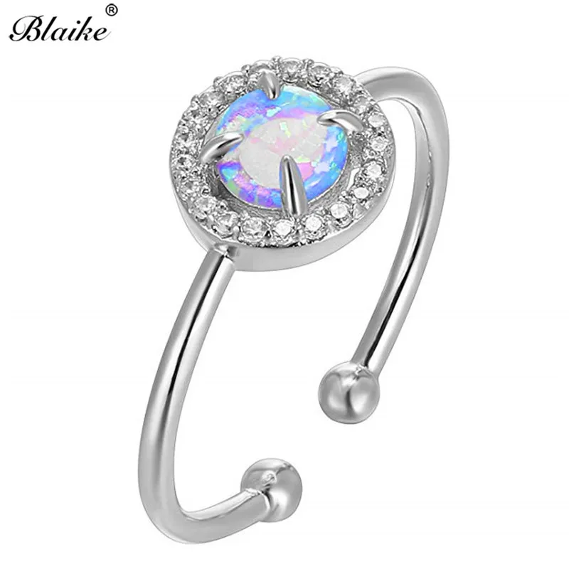 Blaike 925 пробы серебро хрусталь камень кольцо с изменяющимся размером для Для женщин круглые синие камни огненный опал кольца Модные украшения