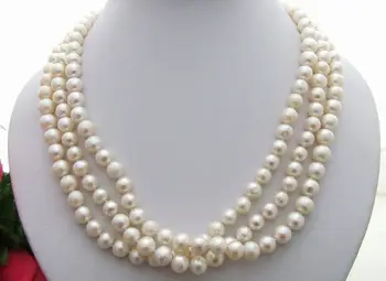 

Beautiful 3strands 8-9mm white freshwater cultured pearl necklace 50 cm long fashion jewelry