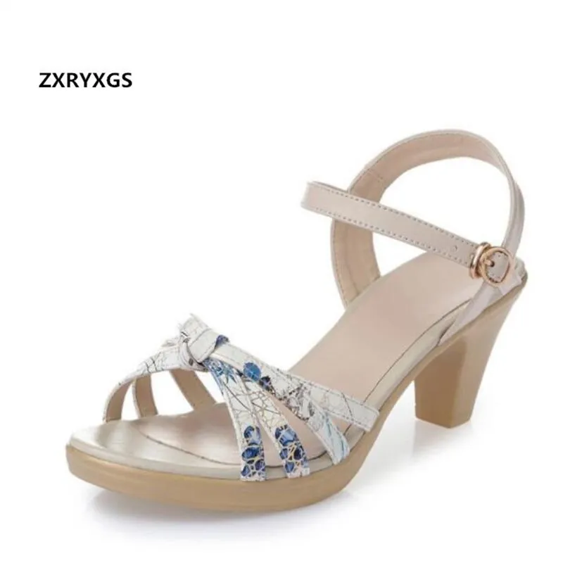

Simple Elegant Printing Cow Leather Shoes Women Sandals 2019 Summer New Comfortable Non-slip Women Shoes Sandals High Heels 7 cm