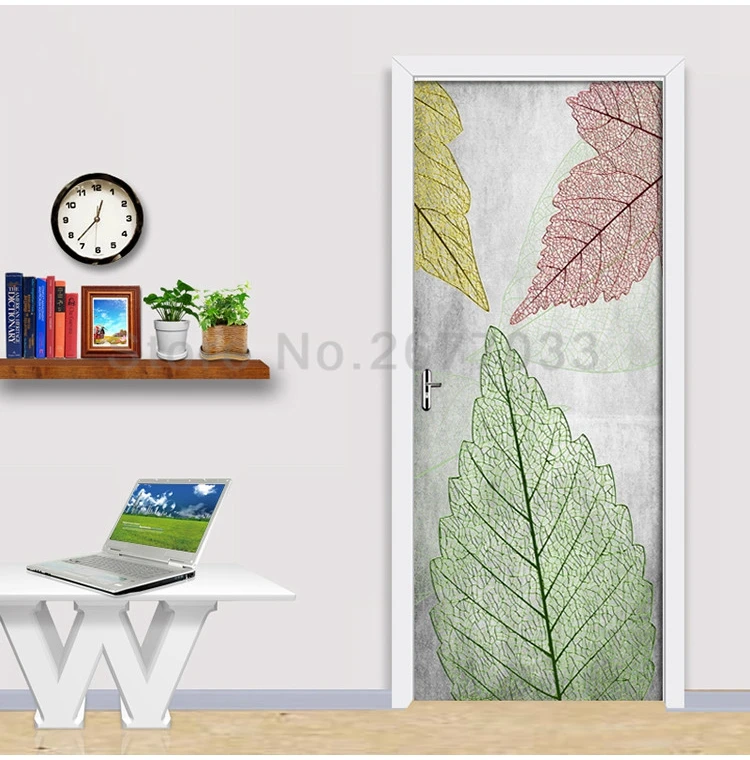 DIY дверная Наклейка ПВХ водостойкая самоклеящаяся свежие цветные листья текстура обои плакат Гостиная Дверь Декор фрески наклейки