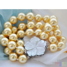 P4236 3row " 12 мм золотой круглый южного морские раковины жемчужный браслет благородный стиль естественно прекрасно jewe быстрая