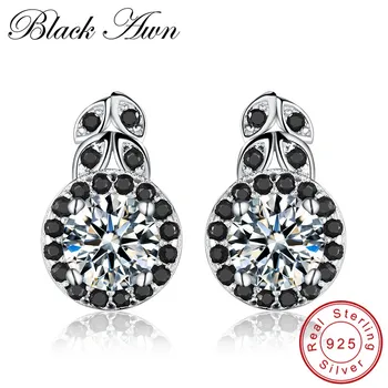

[BLACK AWN] 100% 925 Sterling Silver Jewelry Stud Earrings for Women Black Spinel Stone Flower Earrings Silver 925 Jewelry T140