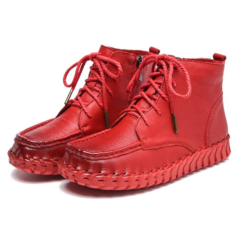 2017 Handmade Sewing Lace UP Zipper Genuine Leather Ankle Women Boots Ladies Spring Autumn Leisure Shoes