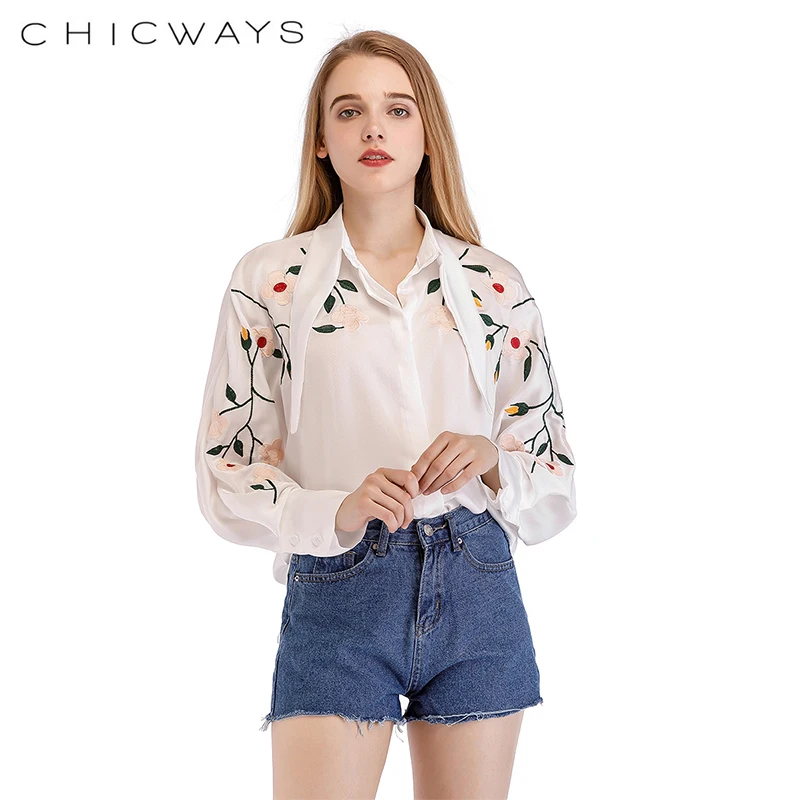 CHICWAYS Women Floral Embroidery Dolman Sleeve Silk Shirt Long Sleeve
