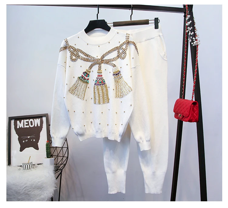 Oshangchaopin D'o noir Survêtements Perles Manches Pantalon Tricotés Vêtements Lourd Occasionnel Chandails À Blanc Lâche Lanterne Femmes Longues cou De Luxe gris Ensembles RrR5aq