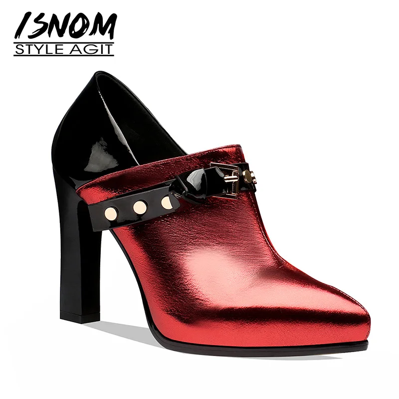 ISNOM Cow Leather Pumps Women Pointed Toe Zip Footwear Platform Shoes Female High Heels Stud 