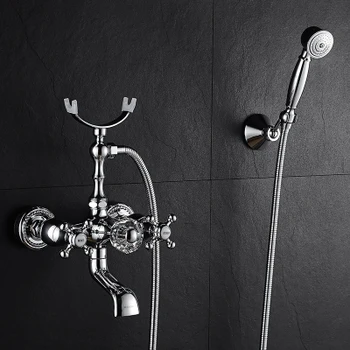 

Blue and white porcelain solid copper shower set chrome with hand-held sprayer hot and cold water bath faucet