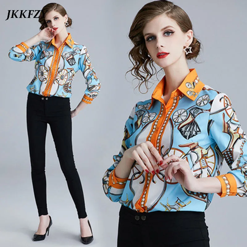 

Spring Elegant Women Blouse Long Sleeve Turn Down Collar Buttoned Print Shirt Design Runway Plus Size Chiffon Tops