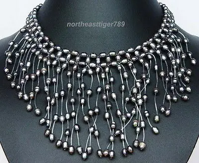 

Hot sell Noble- FREE SHIPPING>>@@@ Hot sale >>>>Fashion Magnificent Real Black Pearl Waterfall Sault Tufty Hand-knitted Necklace