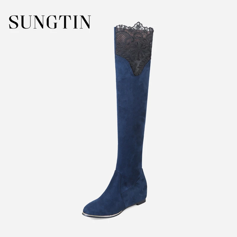 

Sungtin Winter New Suede Slim Thigh High Boots Women Black Lace Large Size Flat Long Boots Ladies Plush Warm Over The Knee Boots