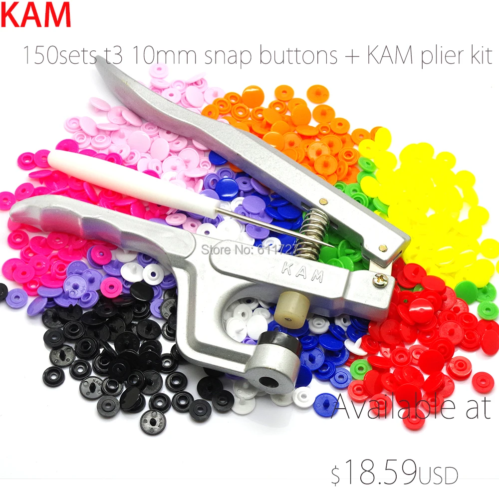 

10 Colors 200 Sets Mixed KAM Branded T3 16 Luster Glossy Snap Buttons Snap Fastners With One KAM Button Press Tool Kit