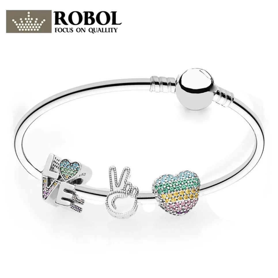 

ROBOL 100% 925 Silver Genuine Charm RAU0462 Love the Rainbow Bracelet Set Original Women Jewelry Factory direct