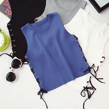 Летняя женская мода, облегающие трикотажные майки на шнуровке, укороченные топы для девушек трикотажная кофточка, однотонные футболки без рукавов, укороченные топы