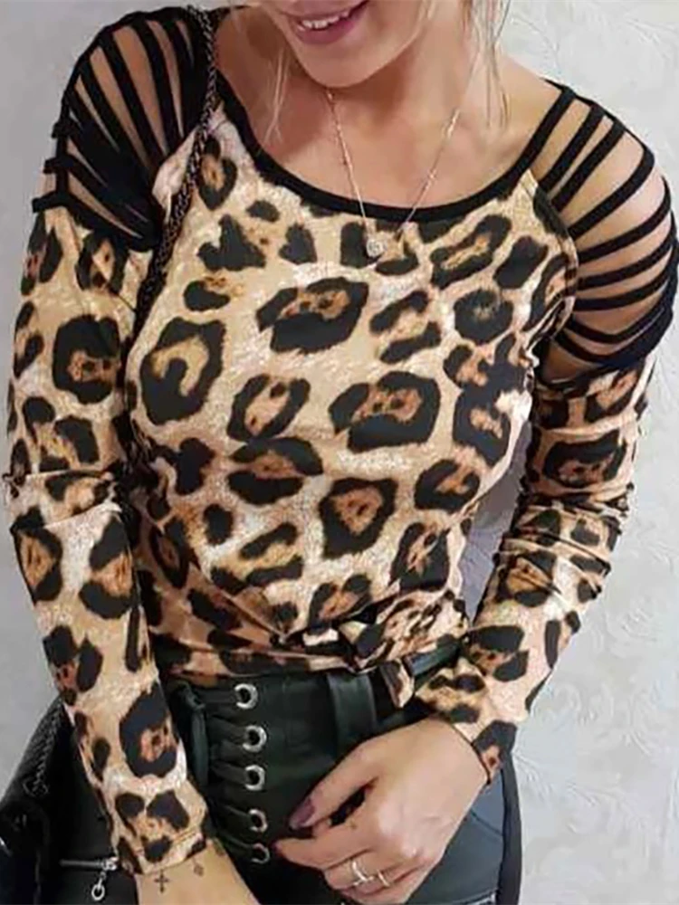

Women 3 Colors Leopard Print Basic Leisure Tops Female Ladder Cut Out Tassels Hollow Out Long Sleeve Casual Shirt