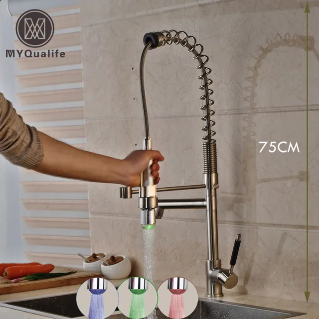 Best Offers Luxury led 3 Light Kitchen Faucet Deck Mounted Heighten 75cm Hot and Cold Spring Kitchen Mixer Taps