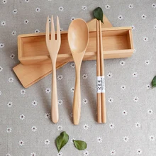 Набор посуды из 3 предметов, натуральная ложка, вилка и набор палочек для еды с деревянной коробкой, легко брать прямоугольную Подставка под палочки для еды