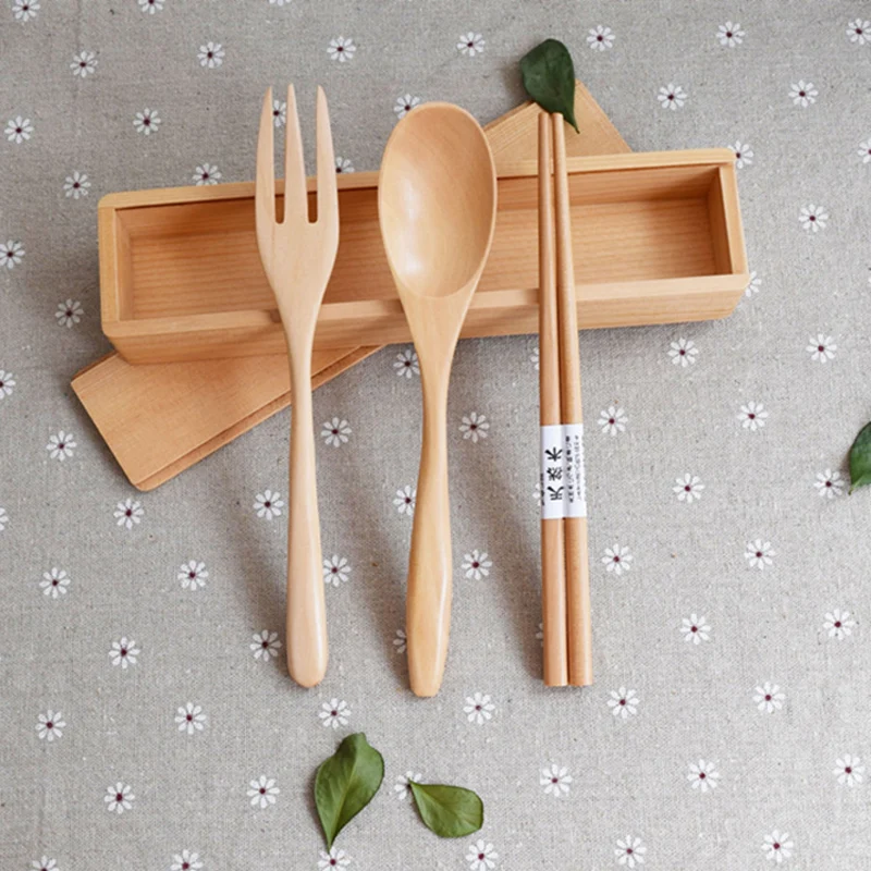 3 Pieces Dinnerware Set Natural Spoon Fork And Chopsticks Kit With Wood Box Package Easy To Take