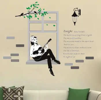 

A girl playing a guitar on the window colorful wall sticker for a girls room Nordic style decoration