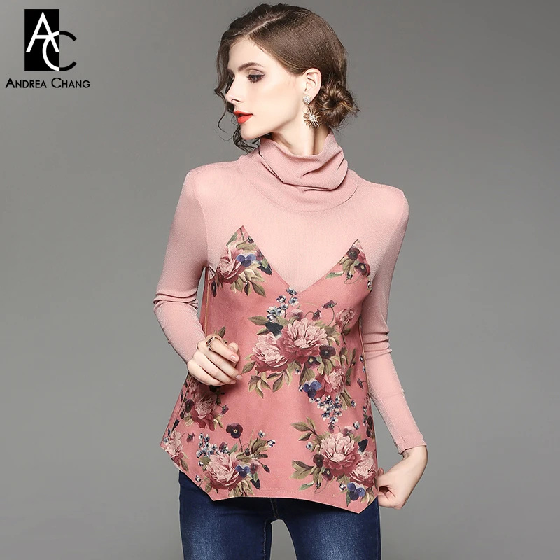 Primavera otoño mujer blusa camisa de gasa transparente tela de gamuza  patchwork blusa gris azul Rosa Flor de impresión de cuello alto blusa|autumn  women blouses|turtleneck blousewomen blouses - AliExpress