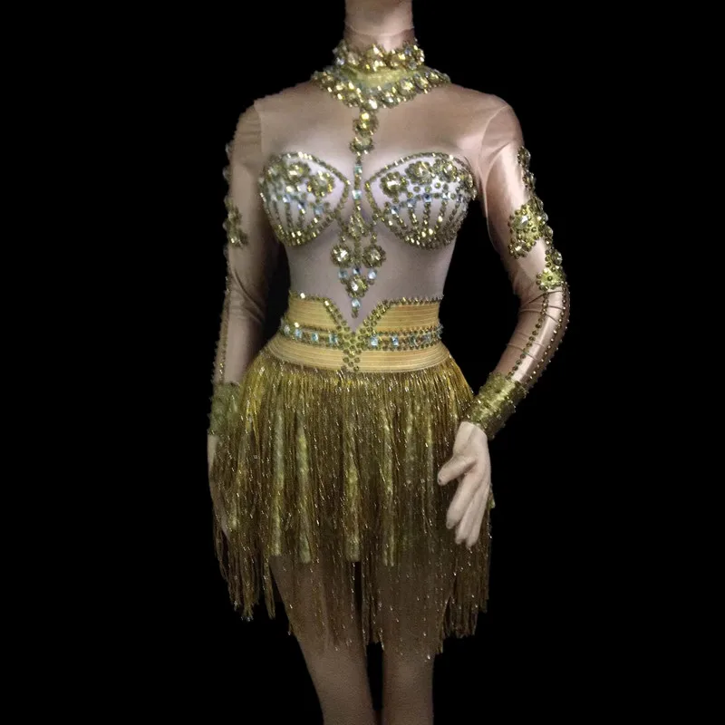 

Women's DJ Singer Dance Long Sleeves Gogo Dance Costumes Sexy Stage fringe Sparkly Gold Rhinestones Tassel Dresses Stage Costume