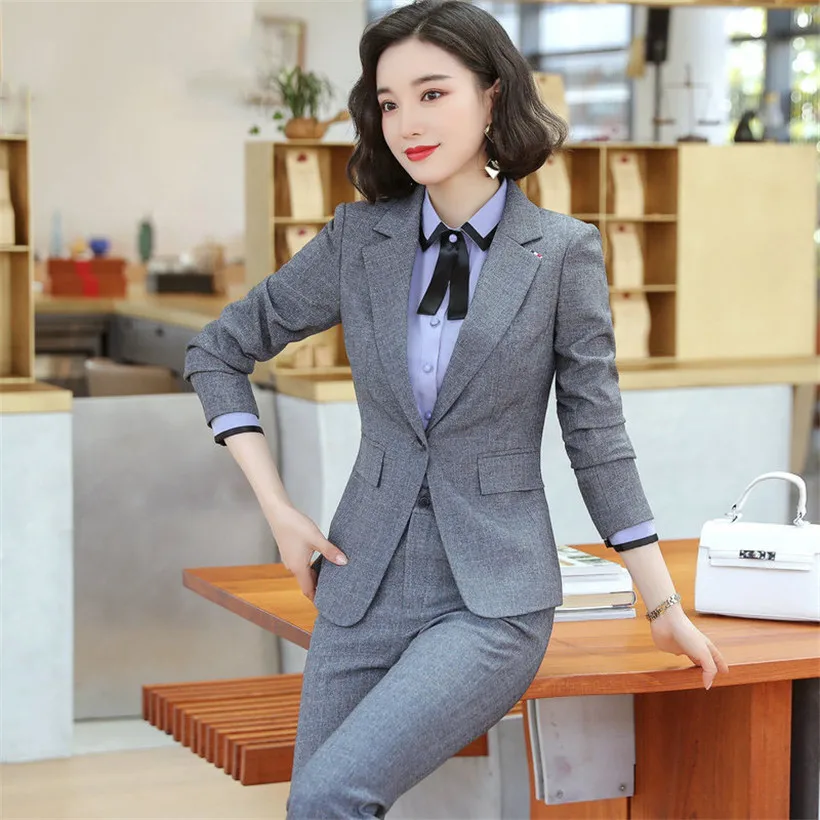 Autumn New gray Business interview women pants suits work office lady long sleeve slim Formal blazer and pants set plus size