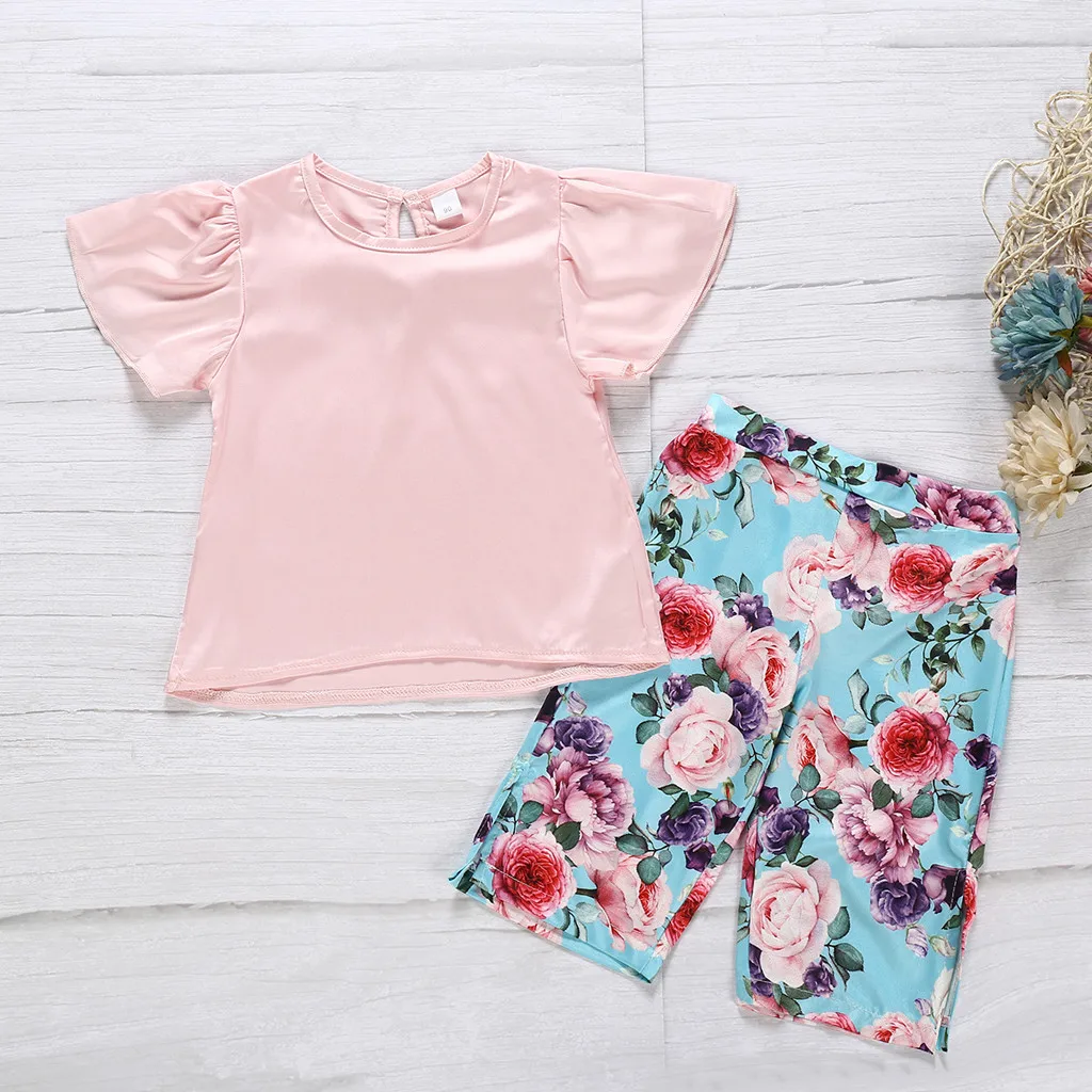

MUQGEW New Fashion Summer Kids Baby Girls Solid Print T Shirt Tops Floral Print Pants Outfits 2019