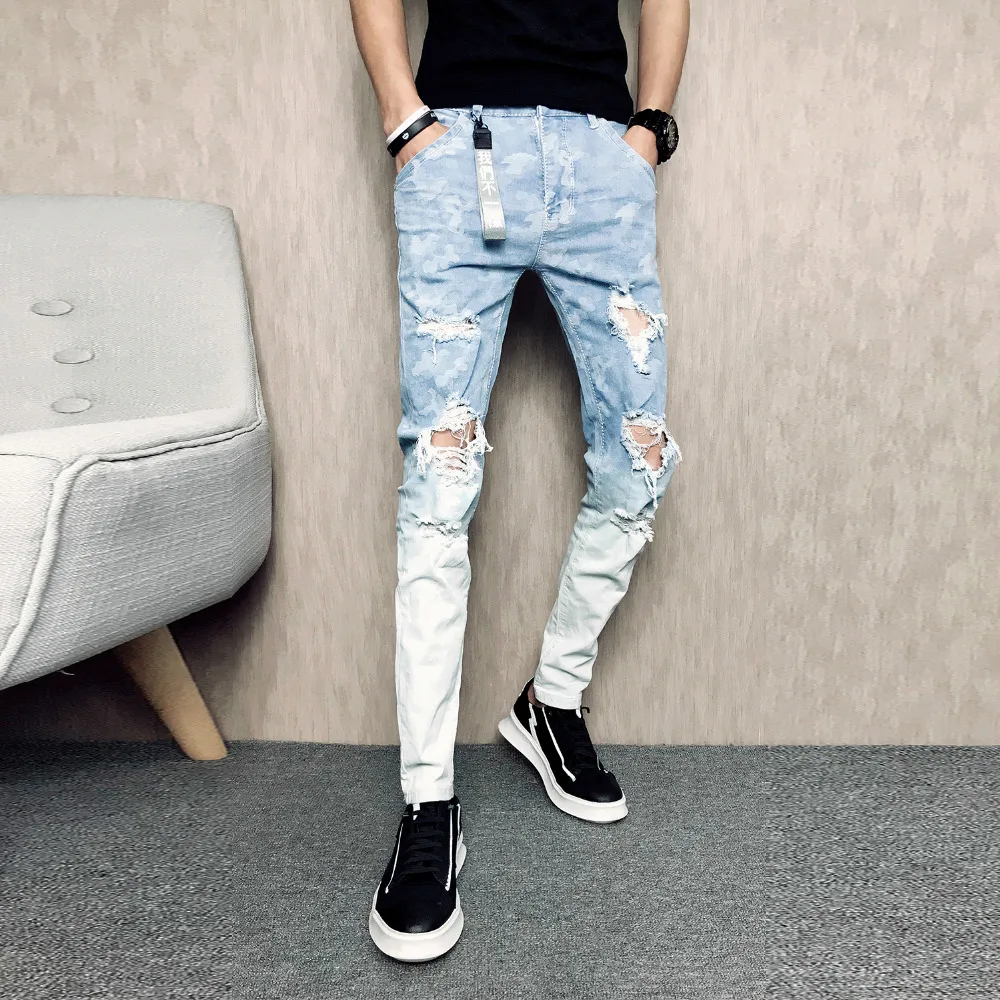 Summer Jeans Men Fashion 2019 Slim Fit Gradient Color Ripped Men Jeans Hole Design Casual Print Denim Pants Men Trousers 32-28