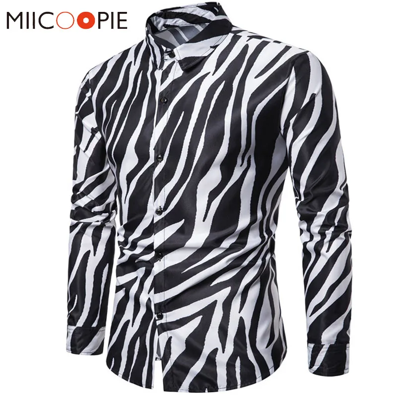 Beste 2019 Nieuwe Nachtclub Party Zebra Gestreepte Heren Shirts Casual Slim Fit Lange Mouwen Camisa Sociale Heren Dress Shirts Chemise Homme 3XL