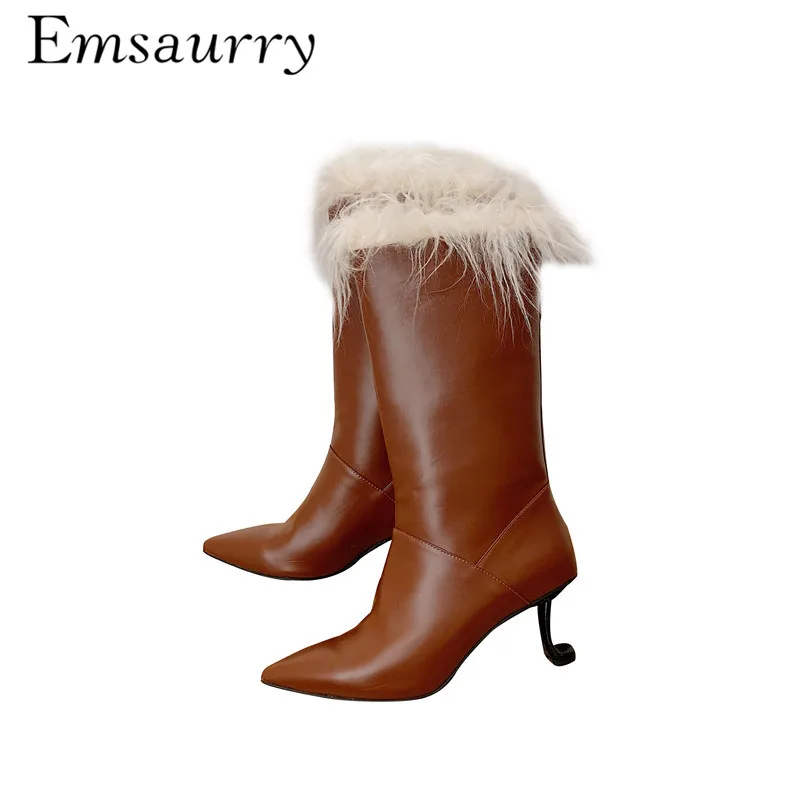 

Individual Strange Heel Knee High Boots Sexy Pointed Toe Genuine Leather Fur Autumn Winter Women Booties