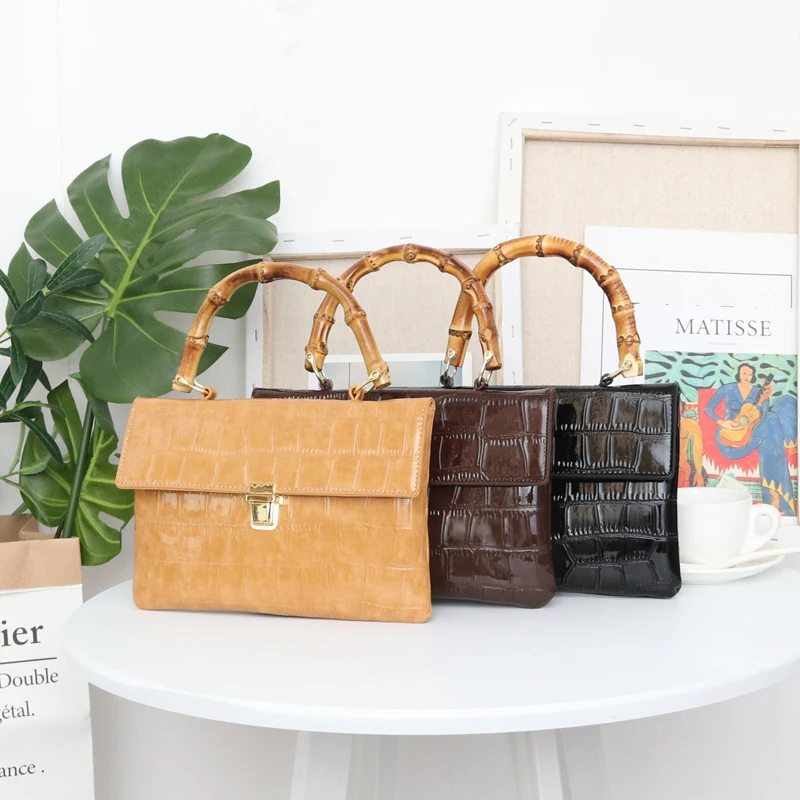

Creative Bamboo Top-handle Women's Handbag Flat Crocodile Crossbody Bags for Women Designer Famous Brand Ladies Shoulder Bags