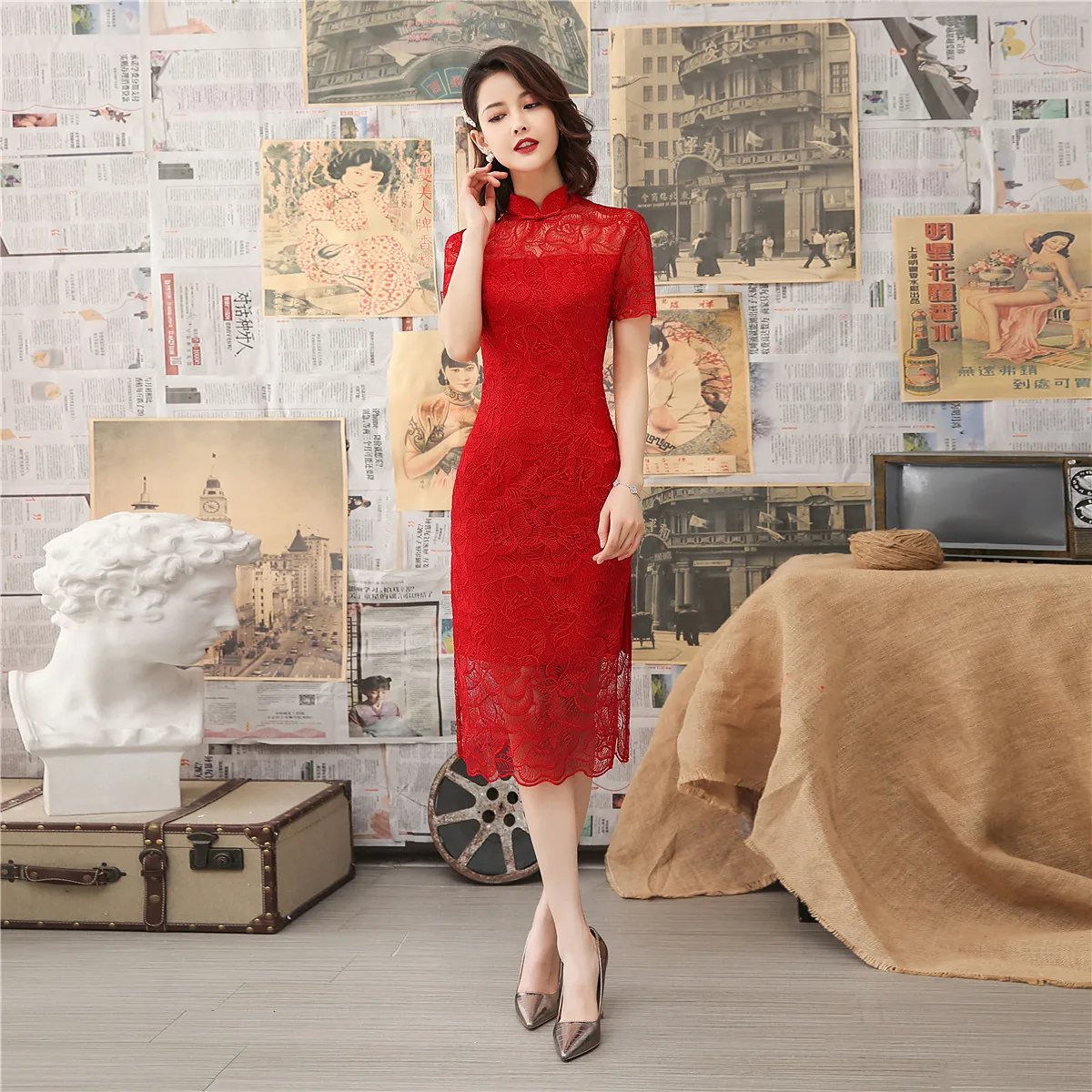 Шанхай история 2019 Nerw распродажа Китайская традиционная одежда для женщин по колено кружева Cheongsam Qipao 3 цвета