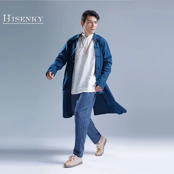 

Hisenky Men's Windbreaker 2018 New Style Autumn Spring Trenchcoat Vintage Chinese Knot Button Ethnic Coat Linen Long Jacket