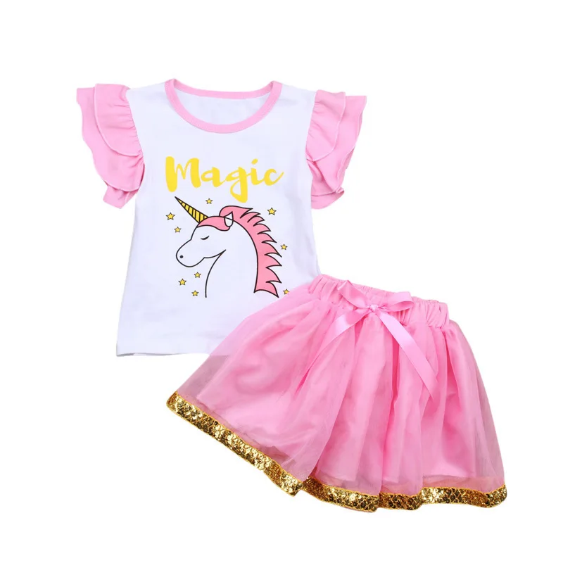 

Summer Girl Set Children Girls Unicorn T shirt + Tutu Skirt Princess Party Costume Fashion Kids Set Children Clothing